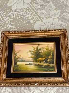 Signed “ CMH” Framed Landscape Oil Painting with Lake and Cottage - Gold Frame